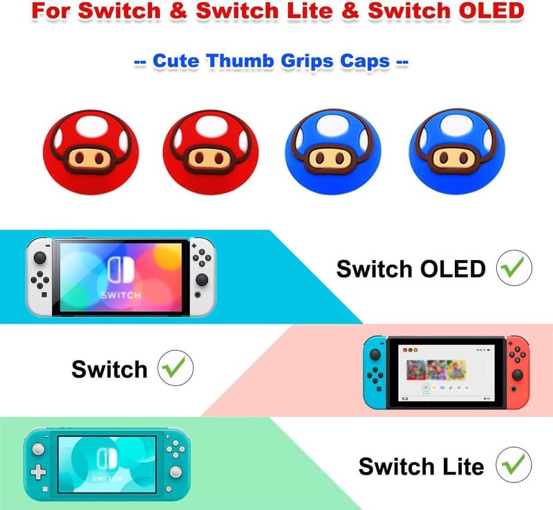 Sunmike Thumb Grip Caps for Nintendo Switch 1/ OLED/Lite, 4 Pcs Silicone Thumb Grip Caps for Nintendo Switch Joystick Cover Cute Accessories Joy con Thumb Grips - Blue&Red - Image 2